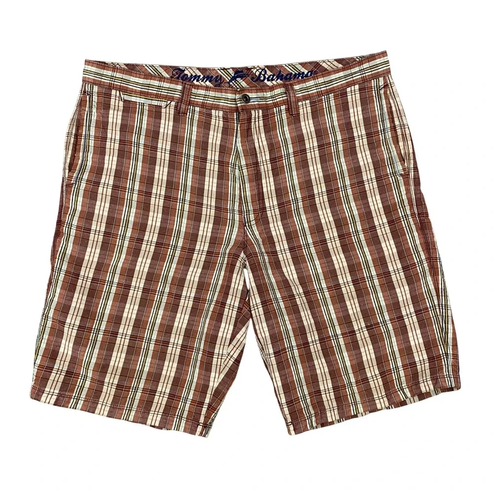 Tommy Bahama Plaid Shorts Mens 40 Brown Linen Silk Blend Flat Front Check Golf